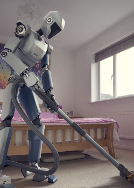 A conceptual images of a generic, blue and white robot holding a vacuum cleaner doing household cleaning chores in bedroom, viewed from a low angle through an open doorway. Concepts include home automation, technology and innovation.