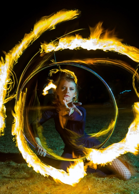 a woman with circles of fire